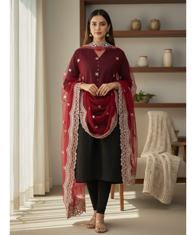 Kurti Connection USA maroon net dupatta with intricate light gold embroidery worn over a black traditional outfit