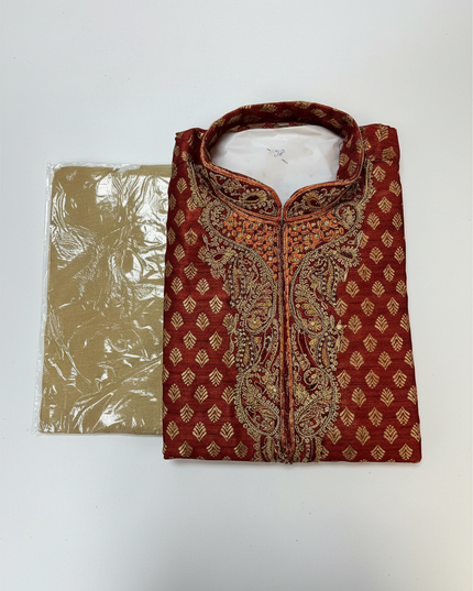Kurti Connection USA maroon silk kurta pajama set with intricate gold embroidery and traditional leaf pattern