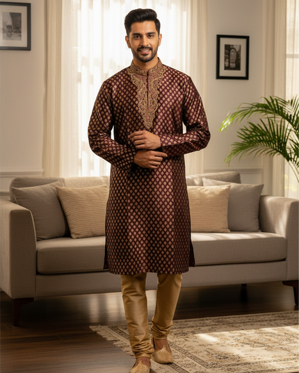 Man wearing a Kurti Connection USA maroon silk kurta with gold embroidery paired with gold pajama trousers