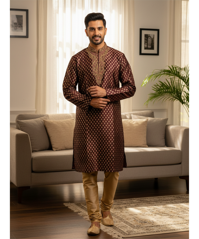 Man wearing a Kurti Connection USA maroon silk kurta with gold embroidery paired with gold pajama trousers