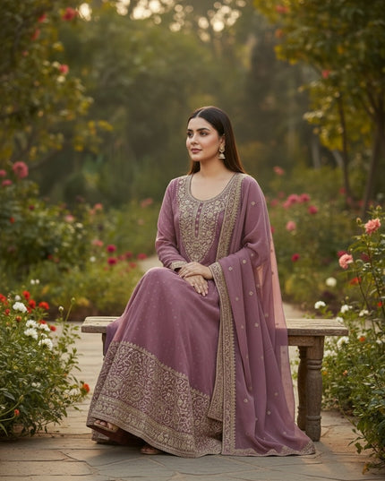 Kurti Connection USA mauve chiffon Anarkali kurta set with intricate embroidery, long sleeves, and matching dupatta.