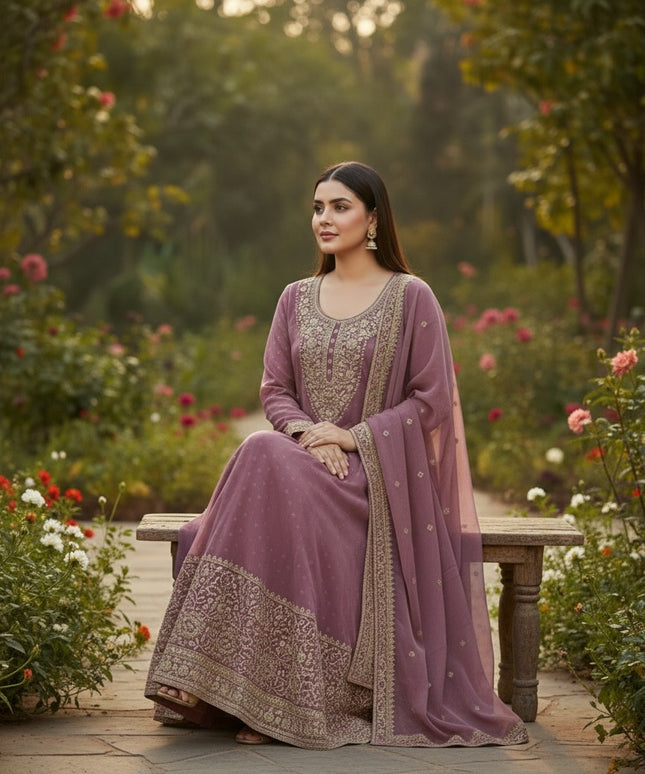 Kurti Connection USA mauve chiffon Anarkali kurta set with intricate embroidery, long sleeves, and matching dupatta.