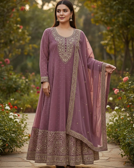 Kurti Connection USA mauve chiffon Anarkali kurta set with intricate gold embroidery and matching sheer dupatta