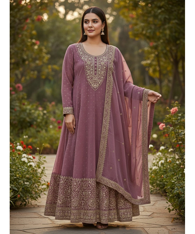 Kurti Connection USA mauve chiffon Anarkali kurta set with intricate gold embroidery and matching sheer dupatta