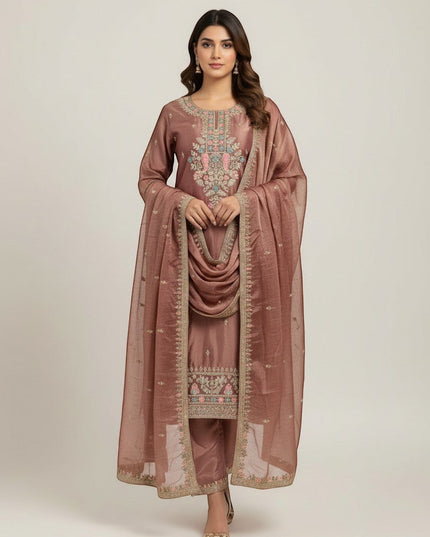 Kurti Connection USA mauve silk kurti pant and dupatta set with intricate floral embroidery and shimmering threadwork.