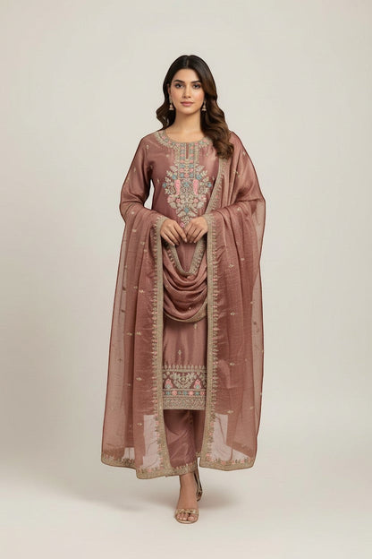 Kurti Connection USA mauve silk kurti pant and dupatta set with intricate floral embroidery and shimmering threadwork.