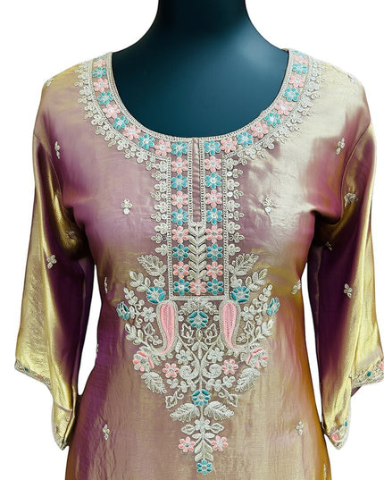 Kurti Connection USA mauve silk kurti with intricate floral embroidery and gold accents. Three-quarter sleeves with embroidered cuffs.