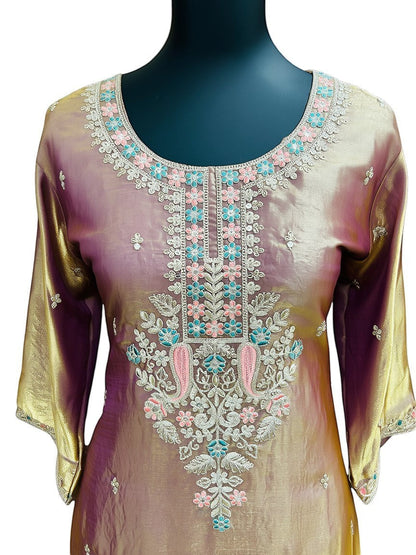 Kurti Connection USA mauve silk kurti with intricate floral embroidery and gold accents. Three-quarter sleeves with embroidered cuffs.
