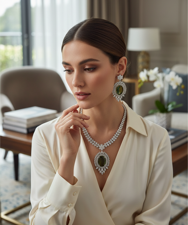 Kurti Connection USA mehandi green AD necklace set with matching statement earrings worn by a woman in a silk blouse.