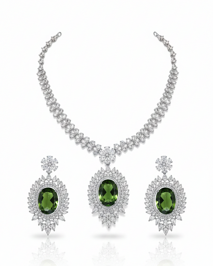 Kurti Connection USA AD necklace set with oval mehandi green stones and sparkling white crystals for formal wear
