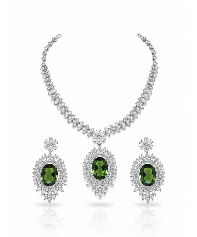 Kurti Connection USA AD necklace set with oval mehandi green stones and sparkling white crystals for formal wear