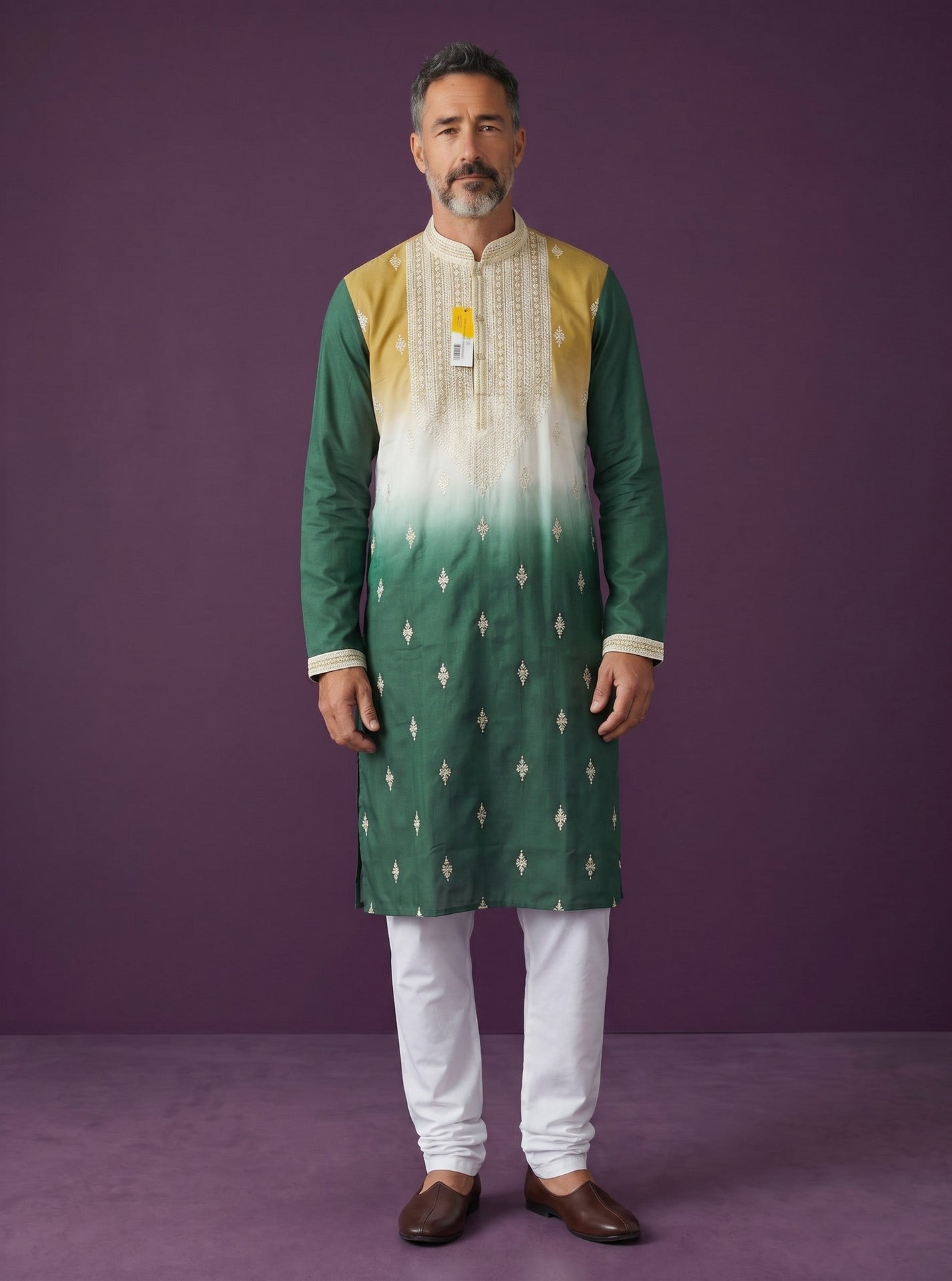 Kurti Connection USA men's mehandi green kurta set with white embroidered details and matching white pants. Ombre effect from yellow to white to green.