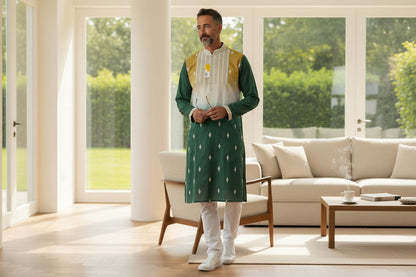 Kurti Connection USA Men's green and yellow ombre kurta with white embroidery, mandarin collar, long sleeves.