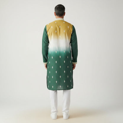 Kurti Connection USA Men's yellow to green ombre kurta with white embroidery on yoke and cuffs. Mandarin collar, long sleeves.