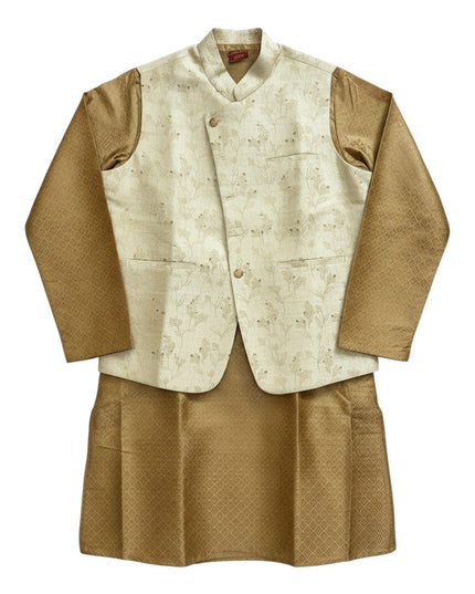 Kurti Connection USA mens gold kurta and pant set with a cream floral embroidered Nehru jacket