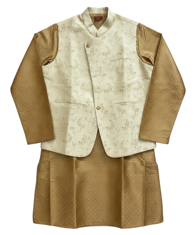 Kurti Connection USA mens gold kurta and pant set with a cream floral embroidered Nehru jacket
