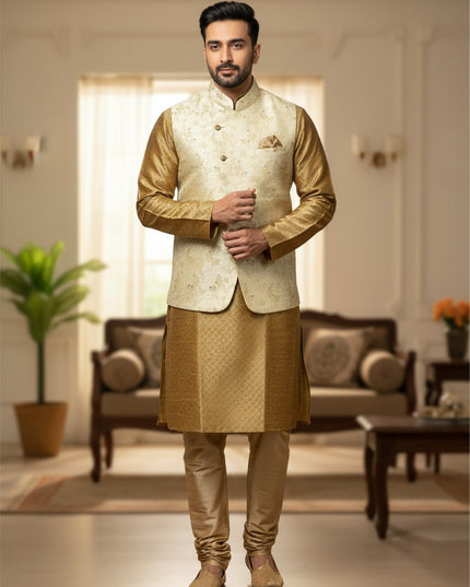 Kurti Connection USA men's gold kurta jacket set with a cream floral Nehru jacket and matching gold trousers.