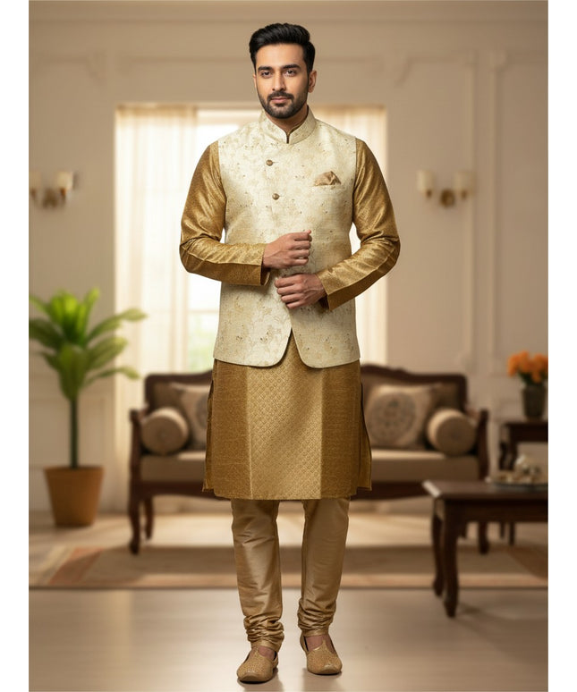 Kurti Connection USA men's gold kurta jacket set with a cream floral Nehru jacket and matching gold trousers.