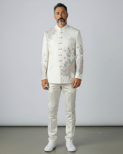 Kurti Connection USA men's off-white Jodhpuri set with delicate floral embroidery and structured mandarin collar