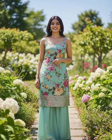 Kurti Connection USA mint green floral sleeveless kurti with sequin hem and palazzo pants.