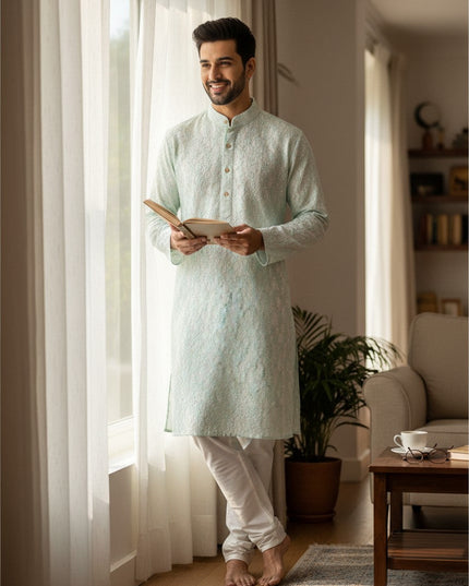 Man wearing a Kurti Connection USA mint green textured kurta with white pajama standing by a window reading a book.