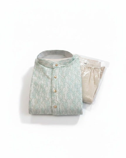 Kurti Connection USA mint green textured kurta with mandarin collar and neutral pajama set for men
