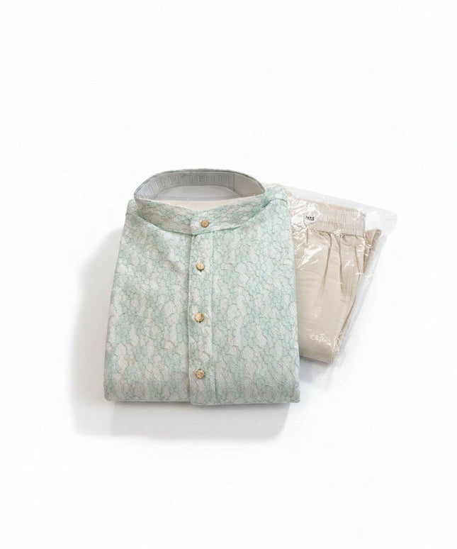 Kurti Connection USA mint green textured kurta with mandarin collar and neutral pajama set for men