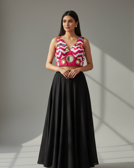 Kurti Connection USA sleeveless crop top with pink and white chevron embroidery and mirror work paired with a black skirt
