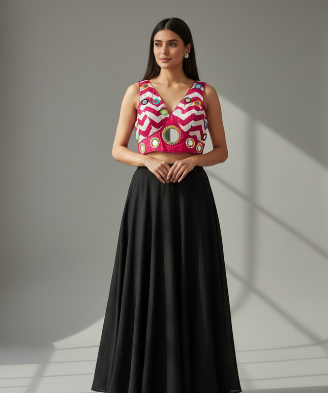 Kurti Connection USA sleeveless crop top with pink and white chevron embroidery and mirror work paired with a black skirt