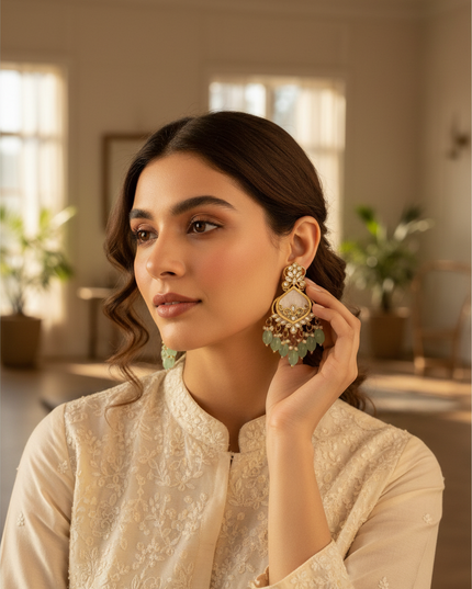 Kurti Connection USA mother of pearl earrings with mint green beads and gold accents worn by a woman