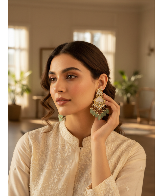 Kurti Connection USA mother of pearl earrings with mint green beads and gold accents worn by a woman