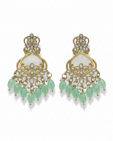 Kurti Connection USA mother of pearl earrings with gold-tone filigree, clear stones, and dangling mint green beads.