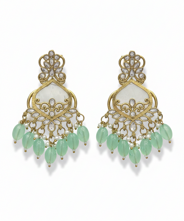 Kurti Connection USA mother of pearl earrings with gold-tone filigree, clear stones, and dangling mint green beads.