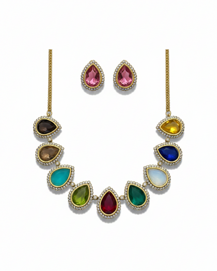 Kurti Connection USA multi-color teardrop stone necklace and earring set with gold-tone metal and crystal accents.