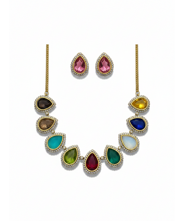 Kurti Connection USA multi-color teardrop stone necklace and earring set with gold-tone metal and crystal accents.