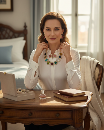 Woman wearing a Kurti Connection USA multi-color stone necklace and matching earrings in a bedroom setting.