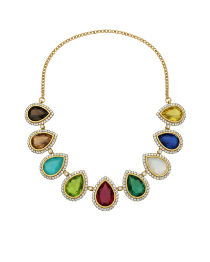 Kurti Connection USA multi-color teardrop stone necklace with gold chain and crystal halo accents