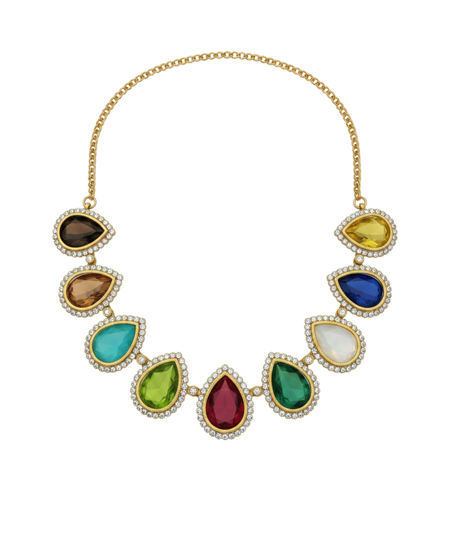 Kurti Connection USA multi-color teardrop stone necklace with gold chain and crystal halo accents