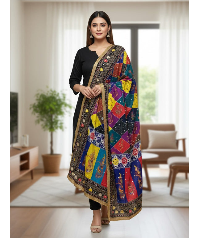 Kurti Connection USA multi-colored Makai silk dupatta with intricate patchwork and embroidered border