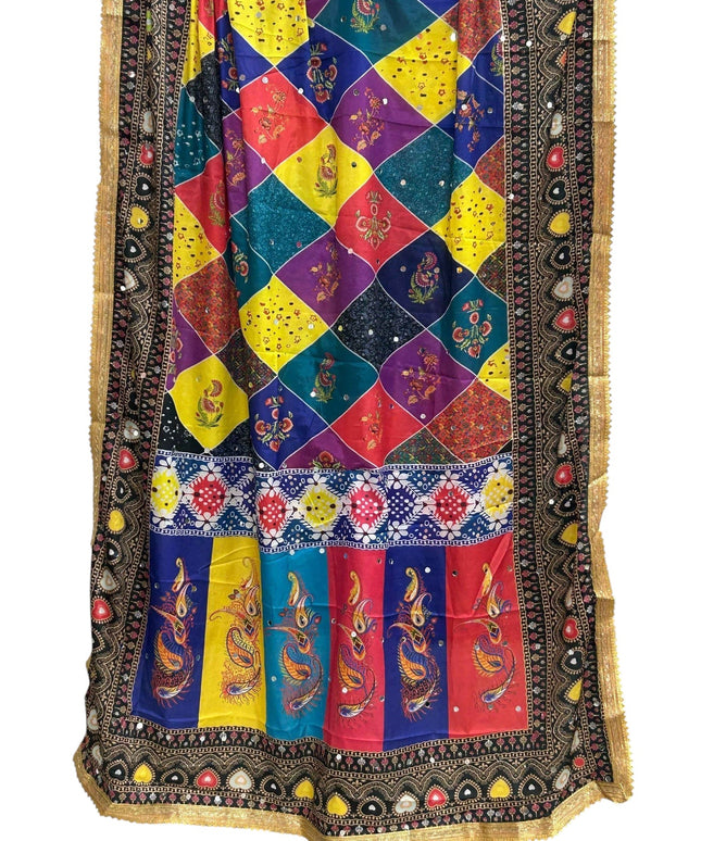 Kurti Connection USA multi-colored Makai silk dupatta featuring a diamond pattern, paisley motifs, and gold trim.