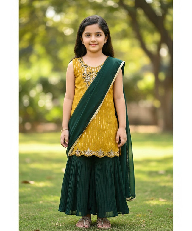 Kurti Connection USA girls mustard yellow and dark green sharara suit with intricate embroidery for age 6 to 7 years