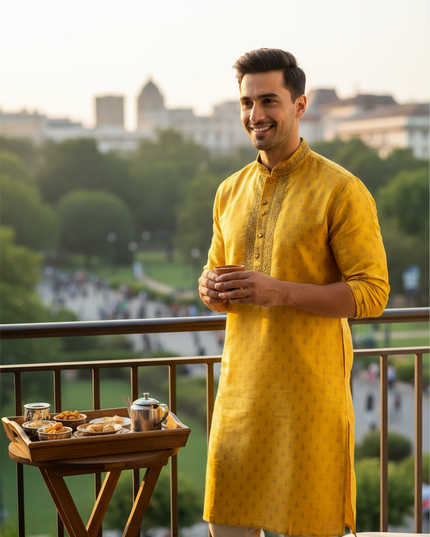 Kurti Connection USA men's mustard yellow vegan silk short kurta with intricate embroidery on a balcony