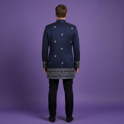 Kurti Connection USA navy blue textured Bandhgala jacket with silver embroidery and patterned cuffs. Tailored fit, traditional collar.