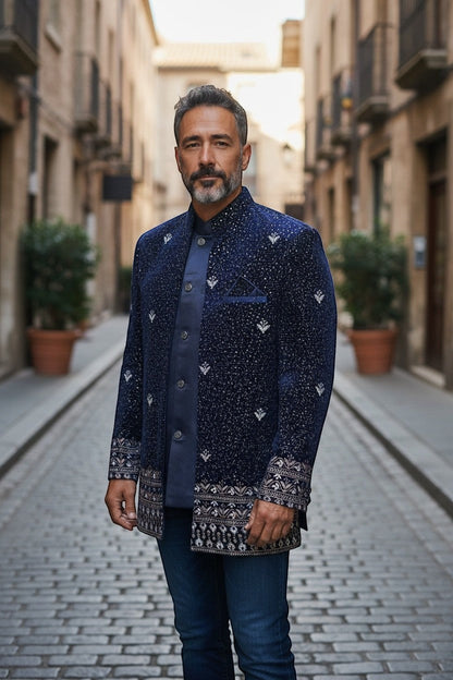 Kurti Connection USA navy blue Bandhgala jacket with silver embroidery and patterned cuffs. Model wears it with a blue shirt and jeans.