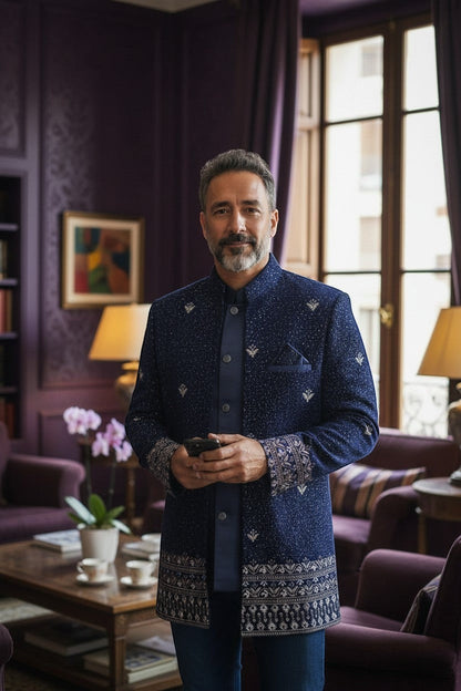 Kurti Connection USA navy blue Bandhgala jacket with intricate silver embroidery and patterned cuffs. Tailored fit, formal wear.