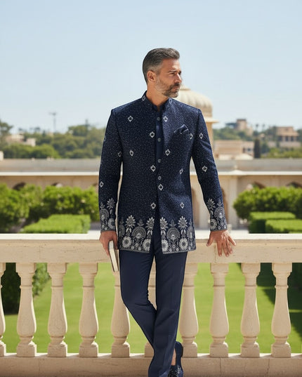 Kurti Connection USA navy blue embroidered Bandhgala suit with silver and white detailing on collar, cuffs, and hem. Tailored fit.