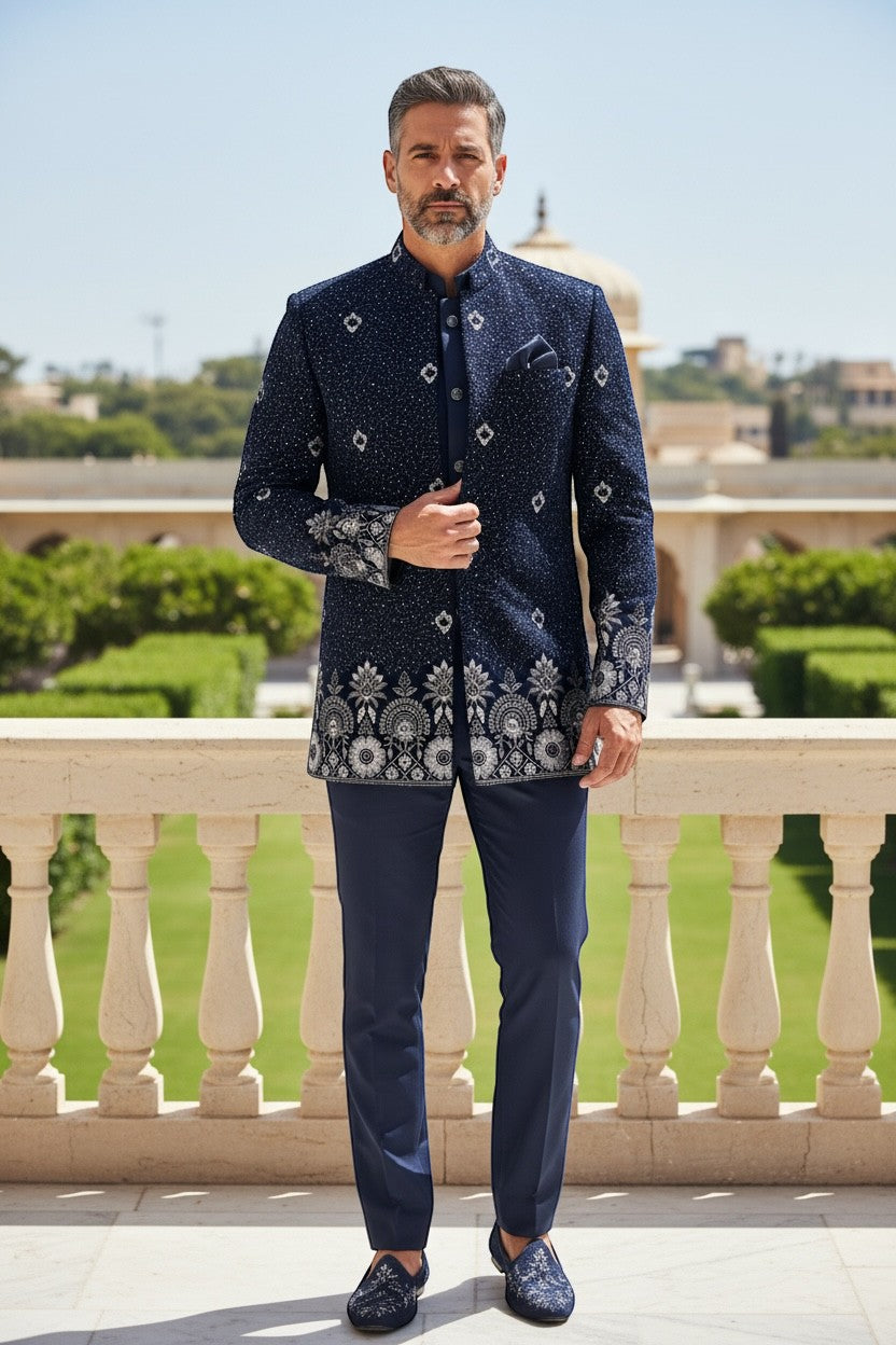 Kurti Connection USA navy blue embroidered Bandhgala suit with silver detailing on collar, cuffs, and hem. Tailored fit.