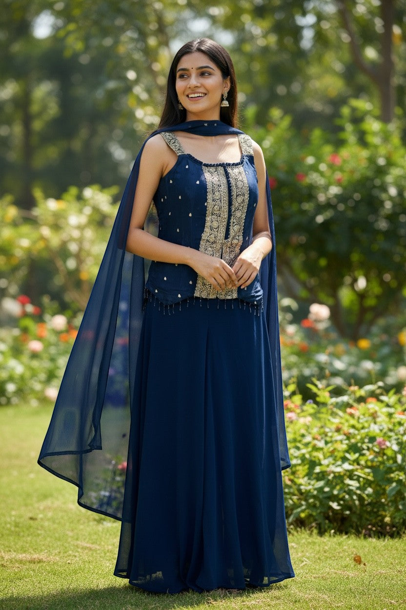 Kurti Connection USA navy blue sleeveless georgette palazzo suit with gold embroidery and sheer scarf.