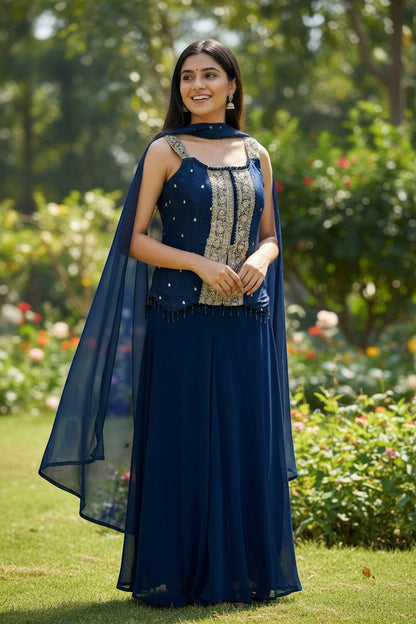 Kurti Connection USA navy blue sleeveless georgette palazzo suit with gold embroidery and sheer scarf.