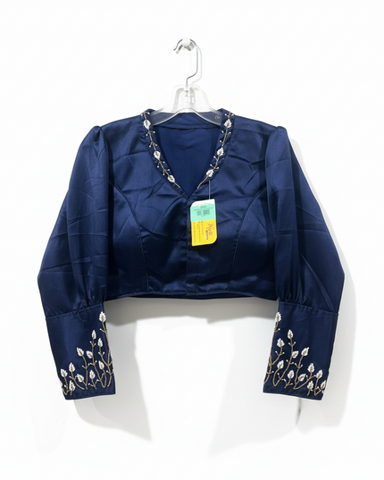 Kurti Connection USA navy blue satin blouse with V-neck and white floral embroidery on cuffs and neckline